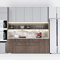 Modern Kitchen With Gray Upper And Wooden Lower Cabinets Marble Countertop Wine Glasses Coffee Machine