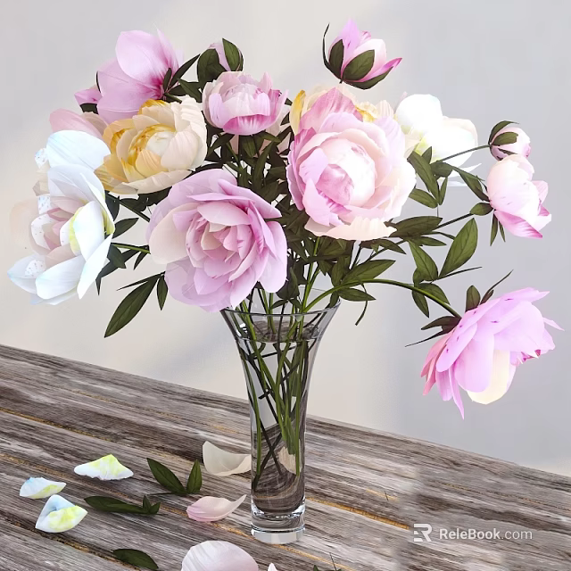 Beautiful Pink White Yellow Peonies in Glass Vase on Wooden Table with Scattered Petals 3d model 