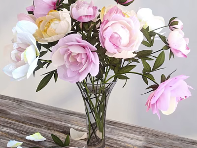 Beautiful Pink White Yellow Peonies in Glass Vase on Wooden Table with Scattered Petals 3d model