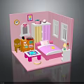 Pink Dollhouse Room Interior With Bed Wardrobe Desk Chair And Windows