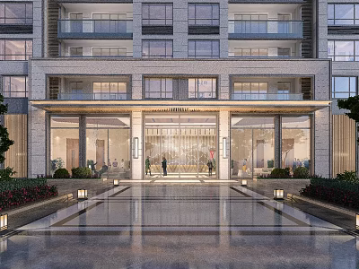 Modern Residential Building Entrance Gate With Glass Doors Stone Facade And Spacious Paved Courtyard 3d model