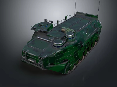 Armored Green Camouflage Military Vehicle With Tracked Chassis And Top Antennas 3d model