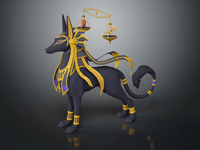 Egyptian Mythological Black Canine Deity With Golden Accents Balance Scale And Flowing Ribbons 3d model