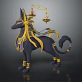 Egyptian Mythological Black Canine Deity With Golden Accents Balance Scale And Flowing Ribbons