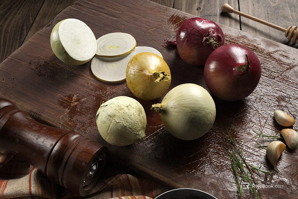 Fresh Different Types Of Onions Sliced Whole On Wooden Cutting Board With Garlic And Herbs 3d model 