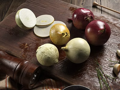 Fresh Different Types Of Onions Sliced Whole On Wooden Cutting Board With Garlic And Herbs 3d model