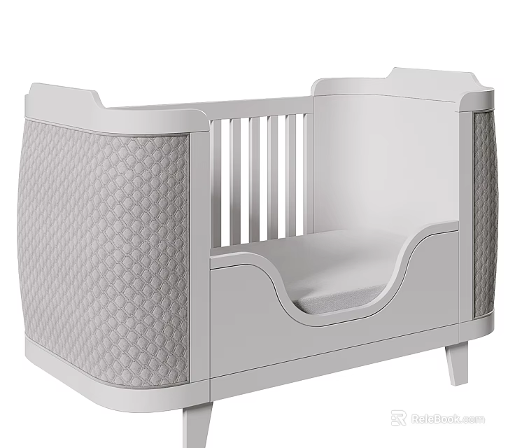 Modern White Baby Bed with Guardrails Textured Side Panels and Mattress 3d model 