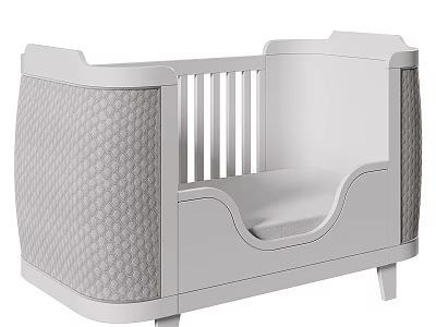 Modern White Baby Bed with Guardrails Textured Side Panels and Mattress 3d model