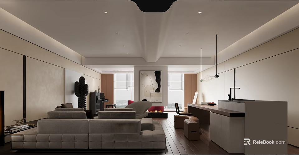 Modern Dining and Living Room Interior With Grey Sofa Wooden Table Wall Art And Pendant Lighting 3d model 