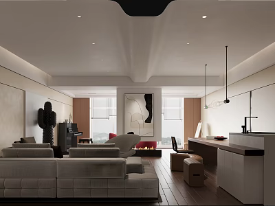Modern Dining and Living Room Interior With Grey Sofa Wooden Table Wall Art And Pendant Lighting 3d model