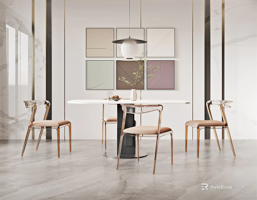 Modern Dining Table Set with Metal Frame Upholstered Chairs and Colorful Wall Art Pendant Light 3d model 