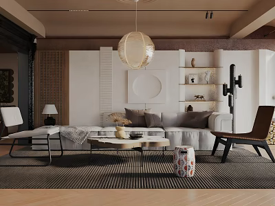 Modern Living Room Interior Design With Pendant Light Sofa Coffee Table Decorative Shelves And Rug 3d model