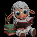 Cute Fluffy Lamb Art Installation Reading Red Book With Lamp Stack Of Books And Shoes