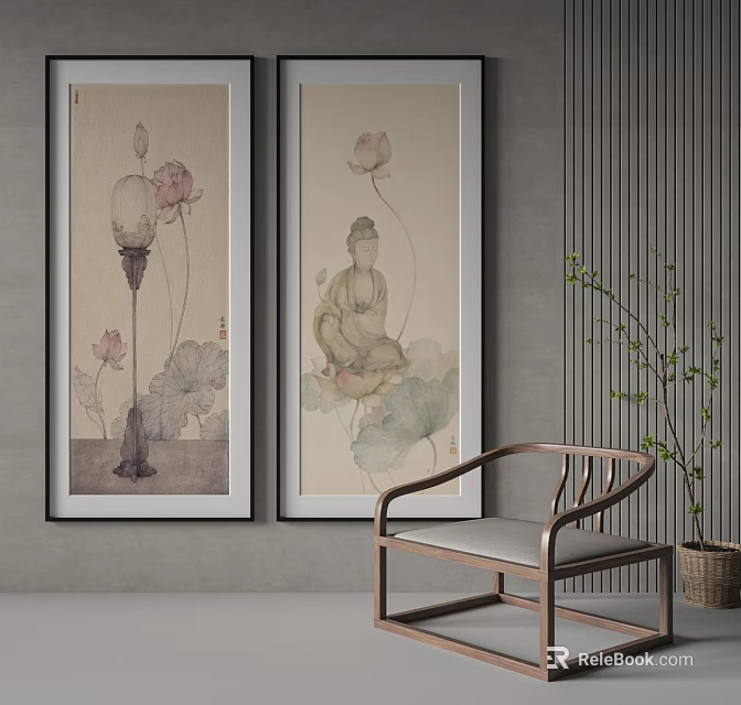 Chinese Zen Interior With Ink Paintings Buddha Figure And Wooden Armchair 3d model 