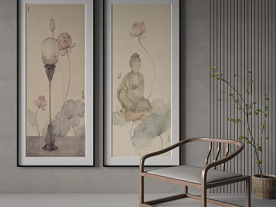 Chinese Zen Interior With Ink Paintings Buddha Figure And Wooden Armchair 3d model