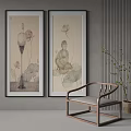 Chinese Zen Interior With Ink Paintings Buddha Figure And Wooden Armchair