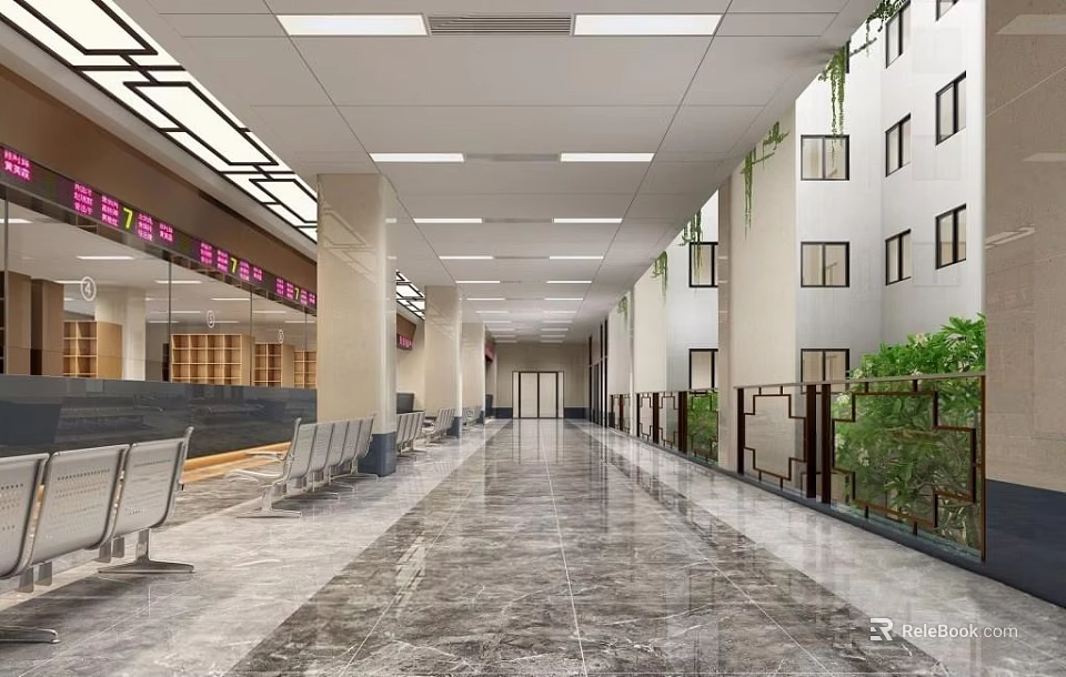 Spacious Hall Corridor Interior With Benches Electronic Screens And Green Plants 3d model 