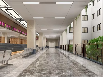 Spacious Hall Corridor Interior With Benches Electronic Screens And Green Plants 3d model