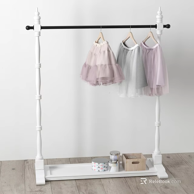 White Clothing Rack with Children's Pink Gray Tulle Dresses and Wooden Storage Boxes 3d model 