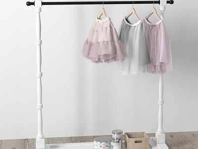 White Clothing Rack with Children's Pink Gray Tulle Dresses and Wooden Storage Boxes 3d model