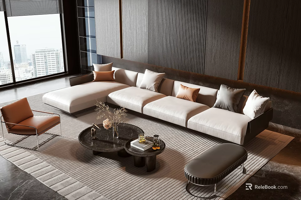 Modern L Shaped Sofa And Coffee Table Set With Cushions Vase Books Accent Chair 3d model 