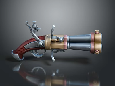 Vintage Double Barrel Flintlock Pistol With Red Wooden Grip And Brass Accents 3d model