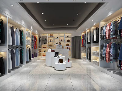 Bright Modern Clothing Store Interior With Racks Of Various Clothes And Round Display Tables 3d model