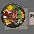 Grilled Steak With Fries Bell Peppers Carrot Slices And Spices On Black Plate