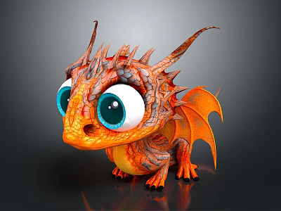 Cute Fantasy Dragon Game Movie Character With Big Blue Eyes Orange Scales And Wings 3d model