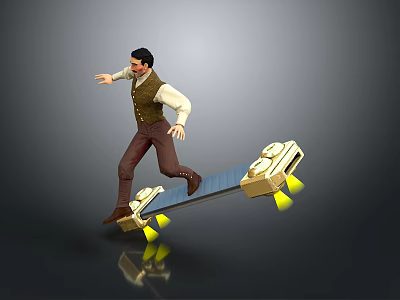 Game Character Wearing Vest And White Shirt Riding Skateboard With Golden Decorations And Yellow Wheels 3d model
