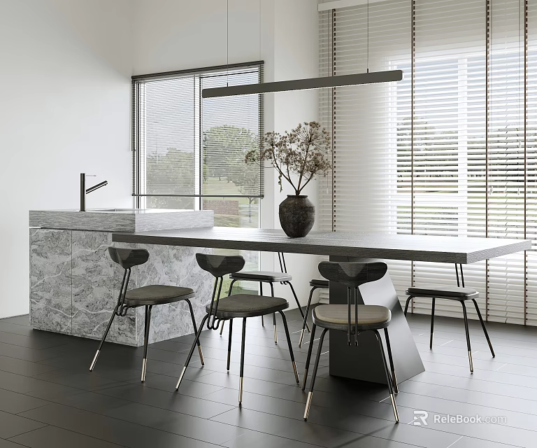 Modern Bright Restaurant Interior With Marble Dining Table Black Chairs Vase And Window Blinds 3d model 