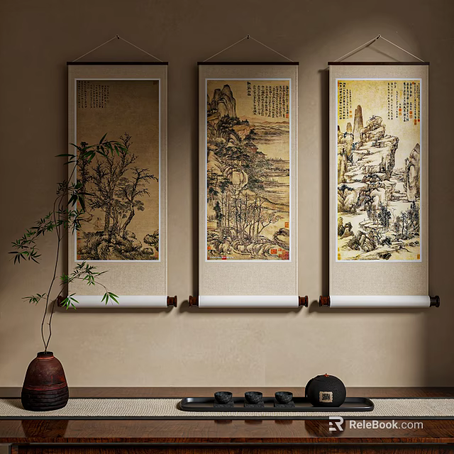Chinese Landscape Paintings As Scrolls In Traditional Interior With Plants 3d model 