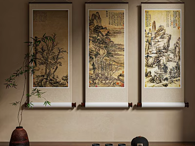 Chinese Landscape Paintings As Scrolls In Traditional Interior With Plants 3d model