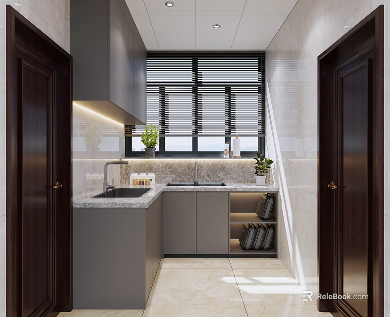 Modern Kitchen Interior With Gray Cabinets Marble Countertop Window Blinds And Green Plants 3d model 