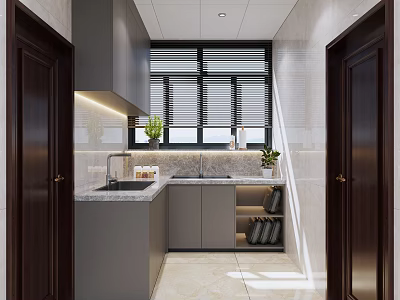 Modern Kitchen Interior With Gray Cabinets Marble Countertop Window Blinds And Green Plants 3d model