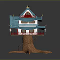 Traditional Multi Tiered Building With Blue Tiled Roof Golden Ornaments And Tree Root Support Base