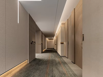 Modern Elevator Hallway Interior With Wooden Walls Recessed Lighting And Textured Carpet Flooring 3d model
