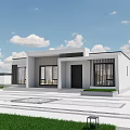 Modern Detached Villa Exterior With Large Windows Black Door Front Steps And Green Lawn