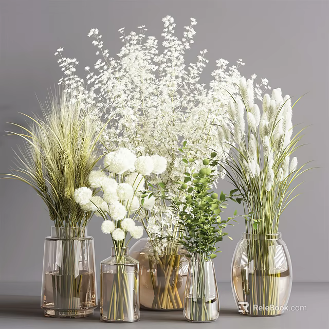 White Floral Arrangement In Transparent Glass Vases With Gypsophila Globe Flowers And Green Plants 3d model 