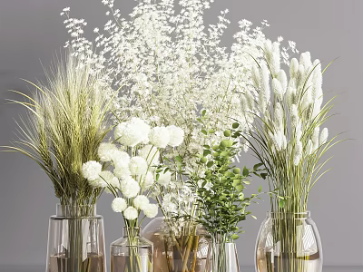 White Floral Arrangement In Transparent Glass Vases With Gypsophila Globe Flowers And Green Plants 3d model