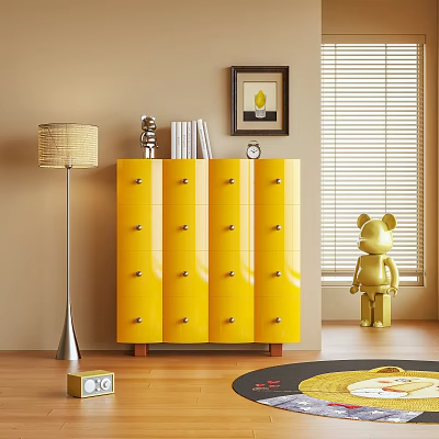 Yellow Chest of Drawers with Books Decor Clock Bear Figurine and Floor Lamp 3d model