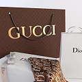 Luxury Lifestyle Products Featuring Gucci Dior Shopping Bags Box and Silk Scarf