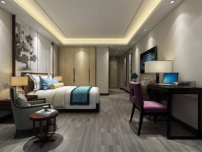 Hotel Guest Room Interior With Comfortable Bed Rest Area Desk Decorative Painting And Wooden Flooring 3d model