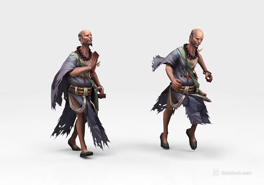 Bald Game and Movie Character in Tattered Clothes with Belt Necklace and Action Poses 3d model 