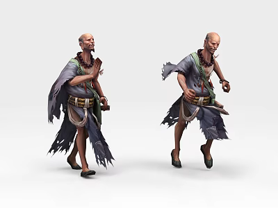 Bald Game and Movie Character in Tattered Clothes with Belt Necklace and Action Poses 3d model