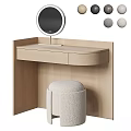 Light Wooden Dressing Table With Round Mirror And Soft Upholstered Stool 3d model