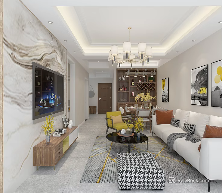 Modern Living And Dining Room Interior With Chandelier TV Wall Sofa Coffee Table And Wine Cabinet 3d model 