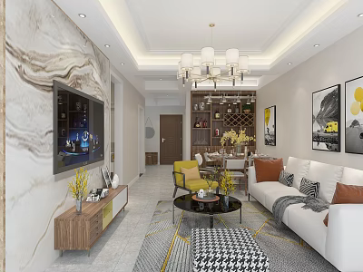 Modern Living And Dining Room Interior With Chandelier TV Wall Sofa Coffee Table And Wine Cabinet 3d model