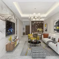 Modern Living And Dining Room Interior With Chandelier TV Wall Sofa Coffee Table And Wine Cabinet