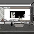Modern Living Room Interior Featuring Marble Wall Sofa Round Coffee Table Abstract Painting And Staircase